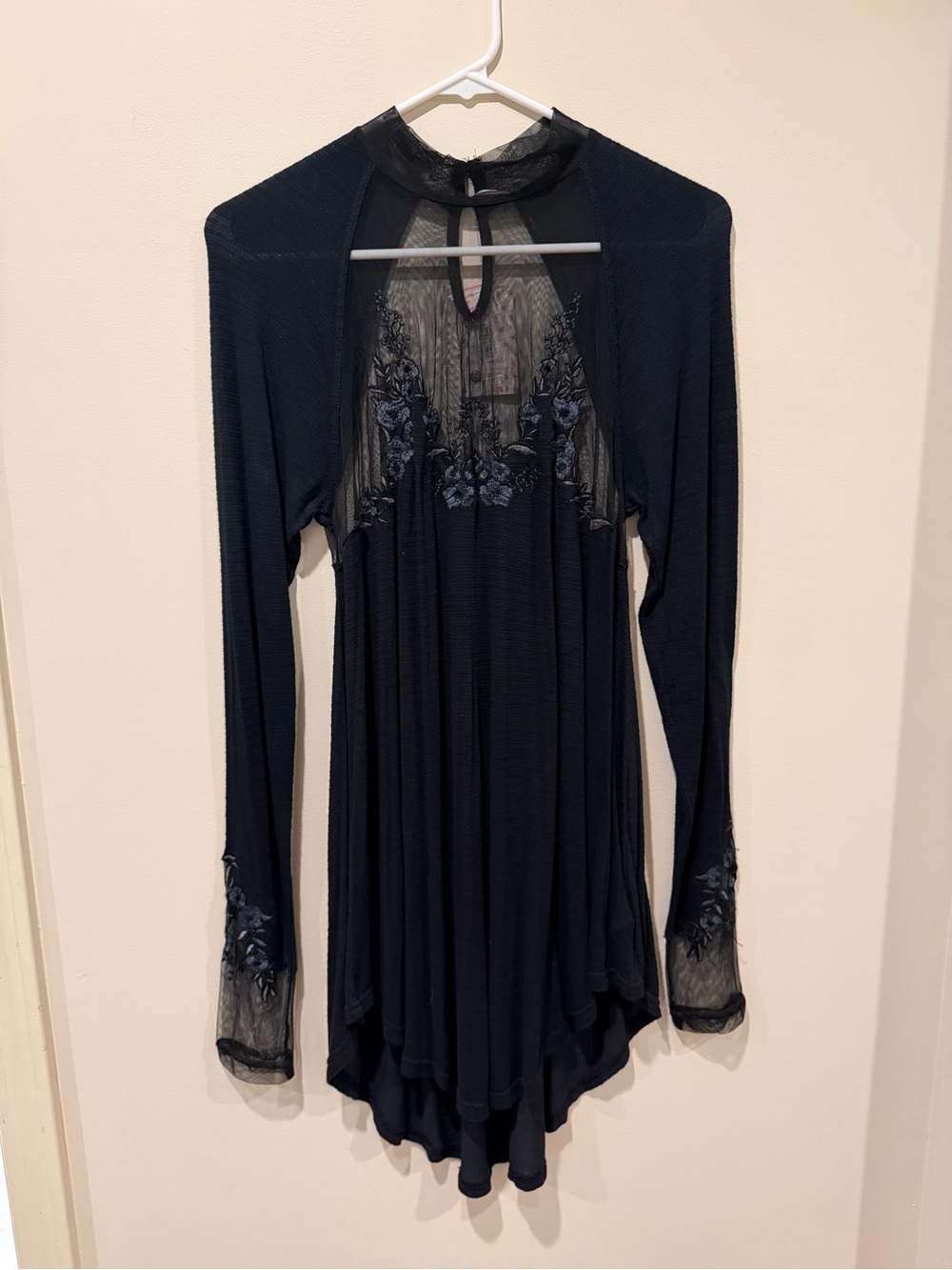 Free People Black Mesh Embroidered Long-Sleeve Top